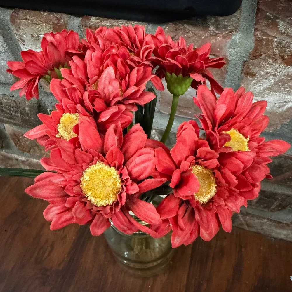 Faux Red Gerbera Daisy Floral Arrangement Vtg Glass Mason Jar Rustic Decor READ
